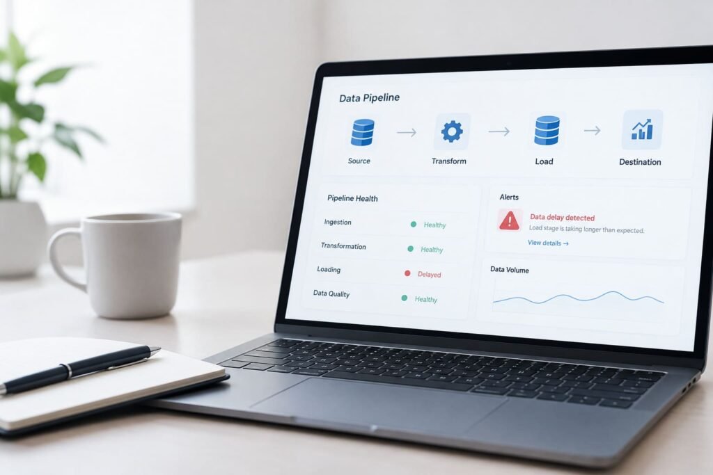 Data observability dashboard on a laptop showing data pipeline health and delayed data alerts.
