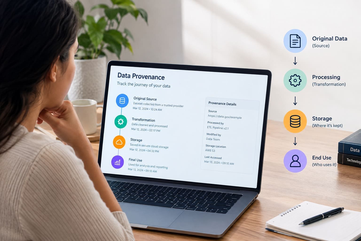 Data analyst tracking data provenance and tracing information sources through connected databases